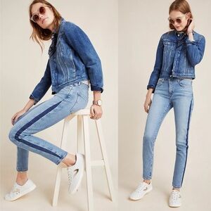 AGOLDE Toni Mid Rise Slim Straight Swerve Jeans Side Stripe Distressed Blue 27